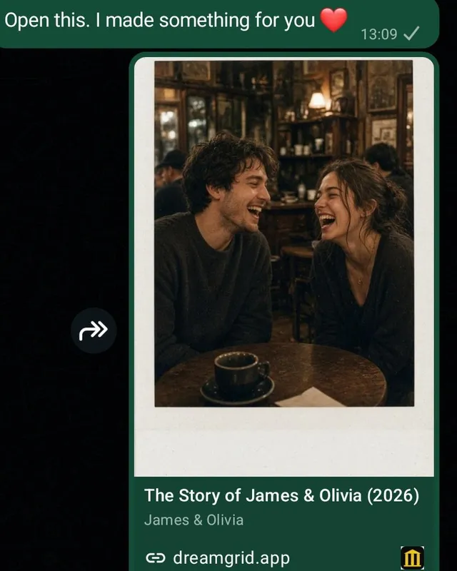 A phone chat showing the museum link sent with the message "Open this. I made something for you"