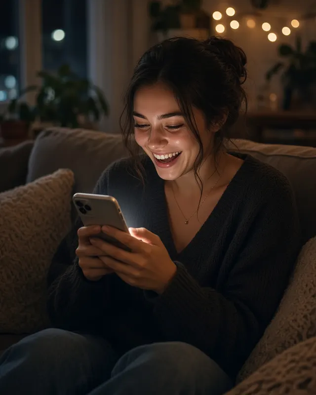 Someone smiling as they open the museum on their phone at home