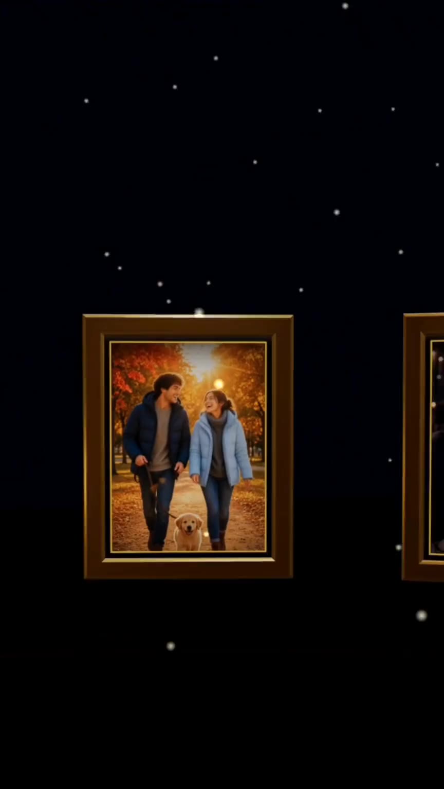 Photos hanging in gold frames inside the 3D gallery